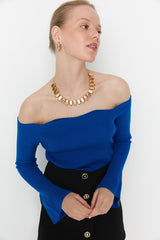 Blue off shoulder knit top