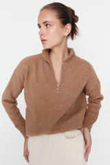 camel zip sweater top
