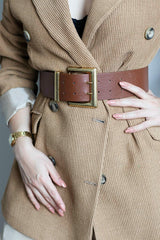 Camel double buckle leather belt