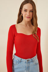square neck red top