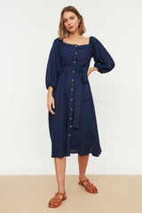 Navy Belted Buttoned Dress