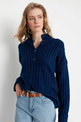 navy button sweater top