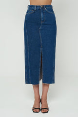 blue denim midi skirt