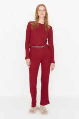 Red Elastic Detailed Knitted Pajama Set