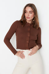 brown buttoned knit cardigan