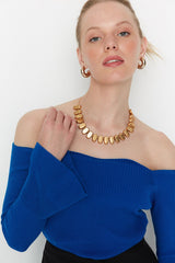 Blue off shoulder knit top