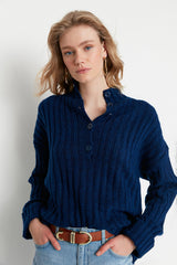 navy button sweater top