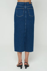 blue denim midi skirt