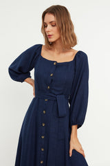Navy Belted Buttoned Dress