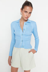 blue buttoned knit cardigan