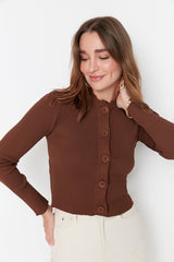 brown buttoned knit cardigan