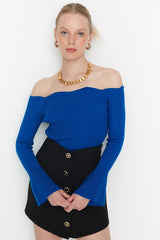 Blue off shoulder knit top