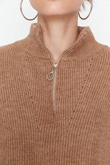camel zip sweater top