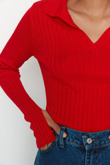 Red Polo Neck Knitwear Sweater