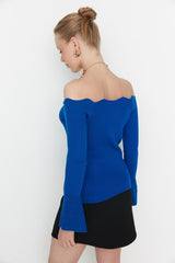 Blue off shoulder knit top