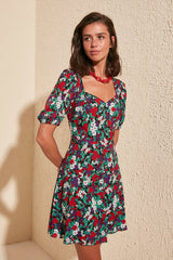 Multicolored Balloon Sleeve Patterned Dress