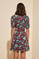 Multicolored Balloon Sleeve Patterned Dress