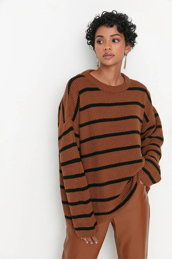 Camel striped sweater top