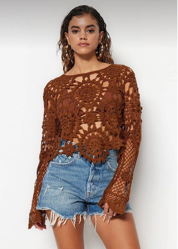 Brown Lace Knitted Blouse