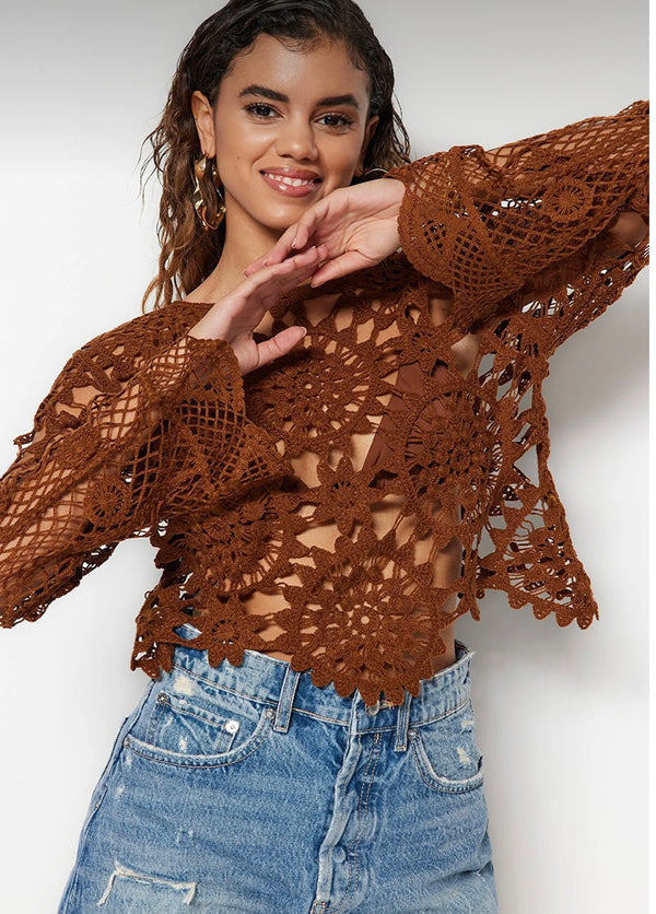 Brown Lace Knitted Blouse
