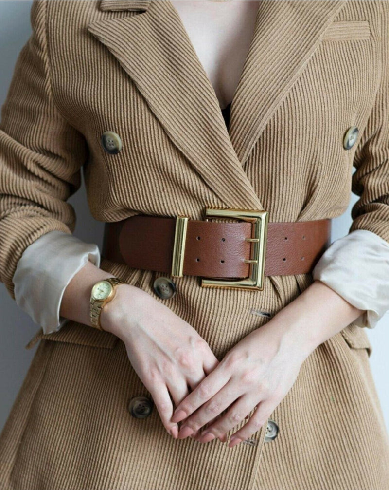 Camel double buckle leather belt