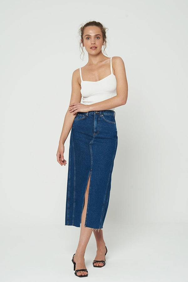 blue denim midi skirt