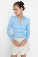 blue buttoned knit cardigan