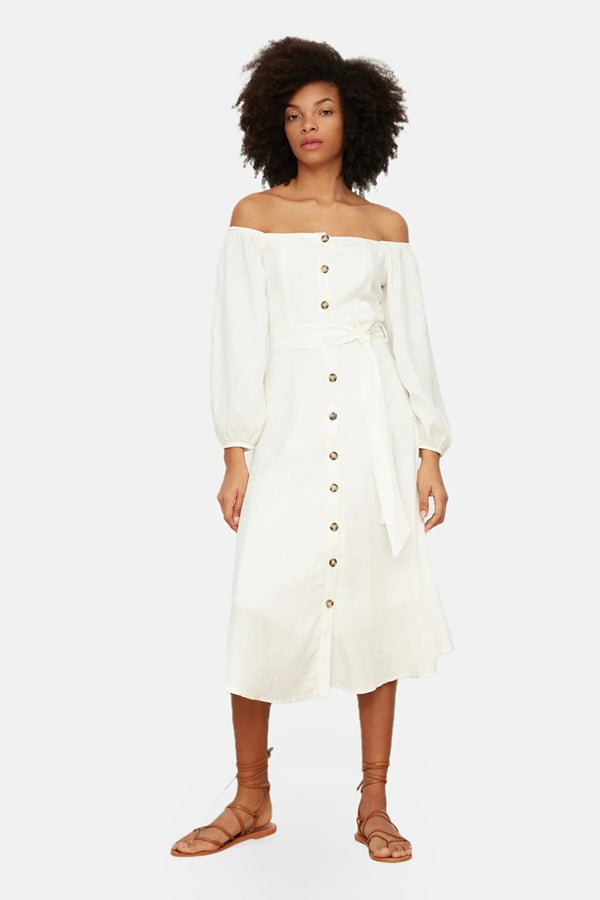 Ecru Belted Buttoned Dress