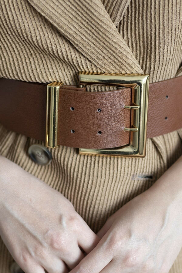 Camel double buckle leather belt