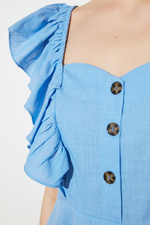 Blue Button Detailed Blouse