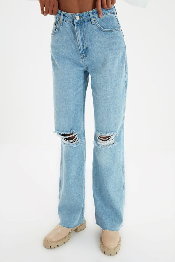 Blue Ripped Detailed High Waist Wide Leg Jeans