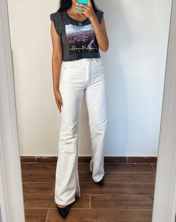 White straight jeans with split